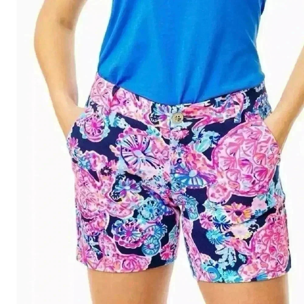 Lilly Pulitzer Turtle Amazement Floral Pink and Blue Women Shorts - Picture 2 of 7